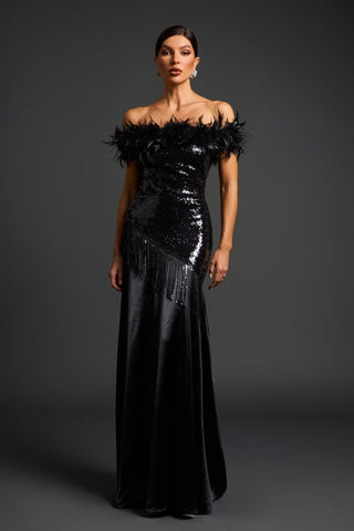 Tek Omuzlu Püsküllü Tül Maxi Elbise