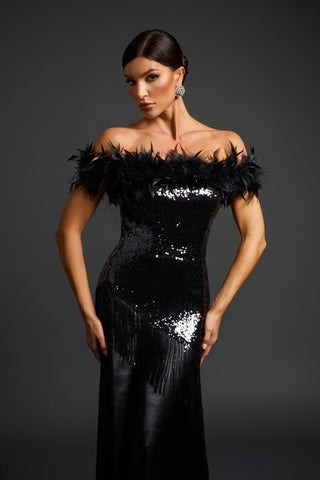 Tek Omuzlu Püsküllü Tül Maxi Elbise