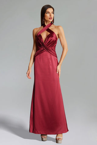 Halter Yaka Pileli Saten Maxi Elbise