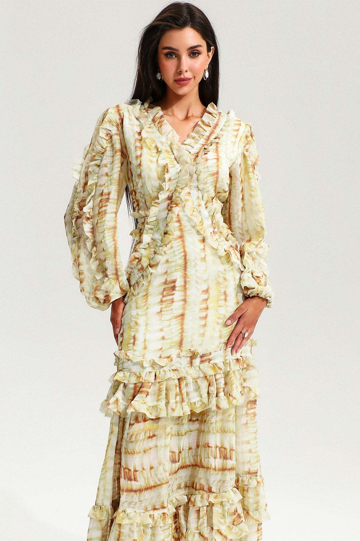 Sarı V Yaka Dantel Puf Kollu Volanlı Maxi Elbise