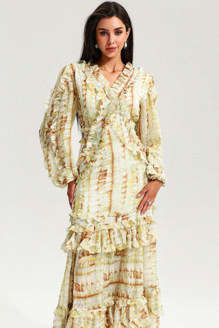 Sarı V Yaka Dantel Puf Kollu Volanlı Maxi Elbise