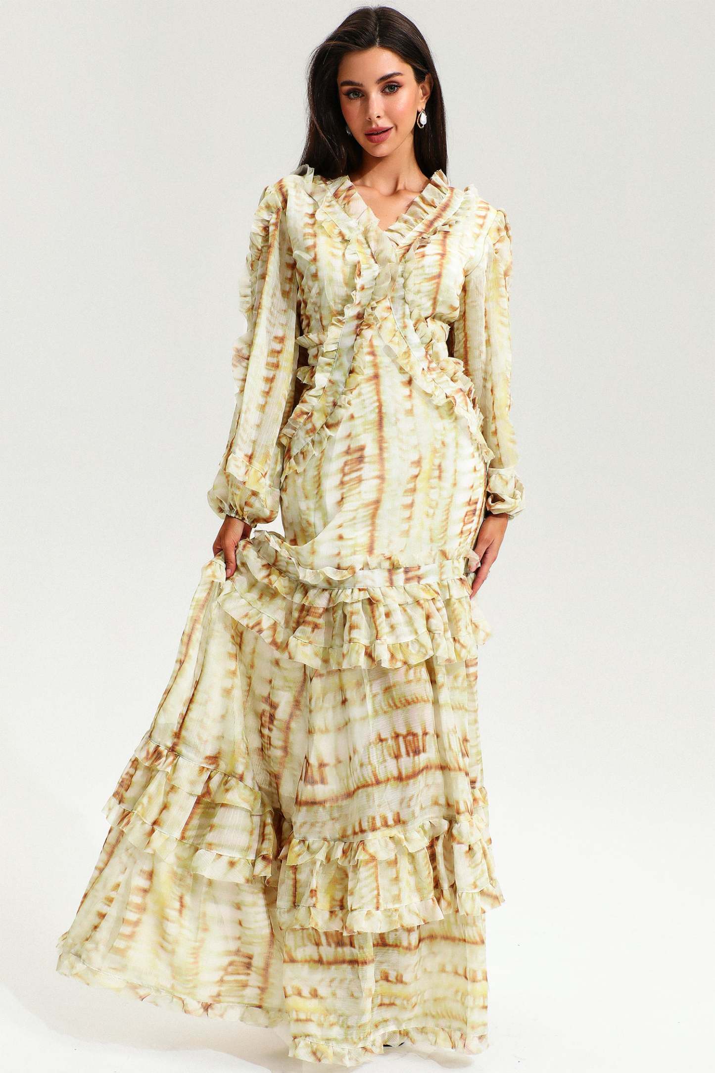 Sarı V Yaka Dantel Puf Kollu Volanlı Maxi Elbise