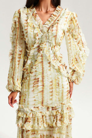 Sarı V Yaka Dantel Puf Kollu Volanlı Maxi Elbise