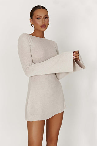 Zahra Uzun Kol Sırtı Açık Mini Triko Elbise - Gri