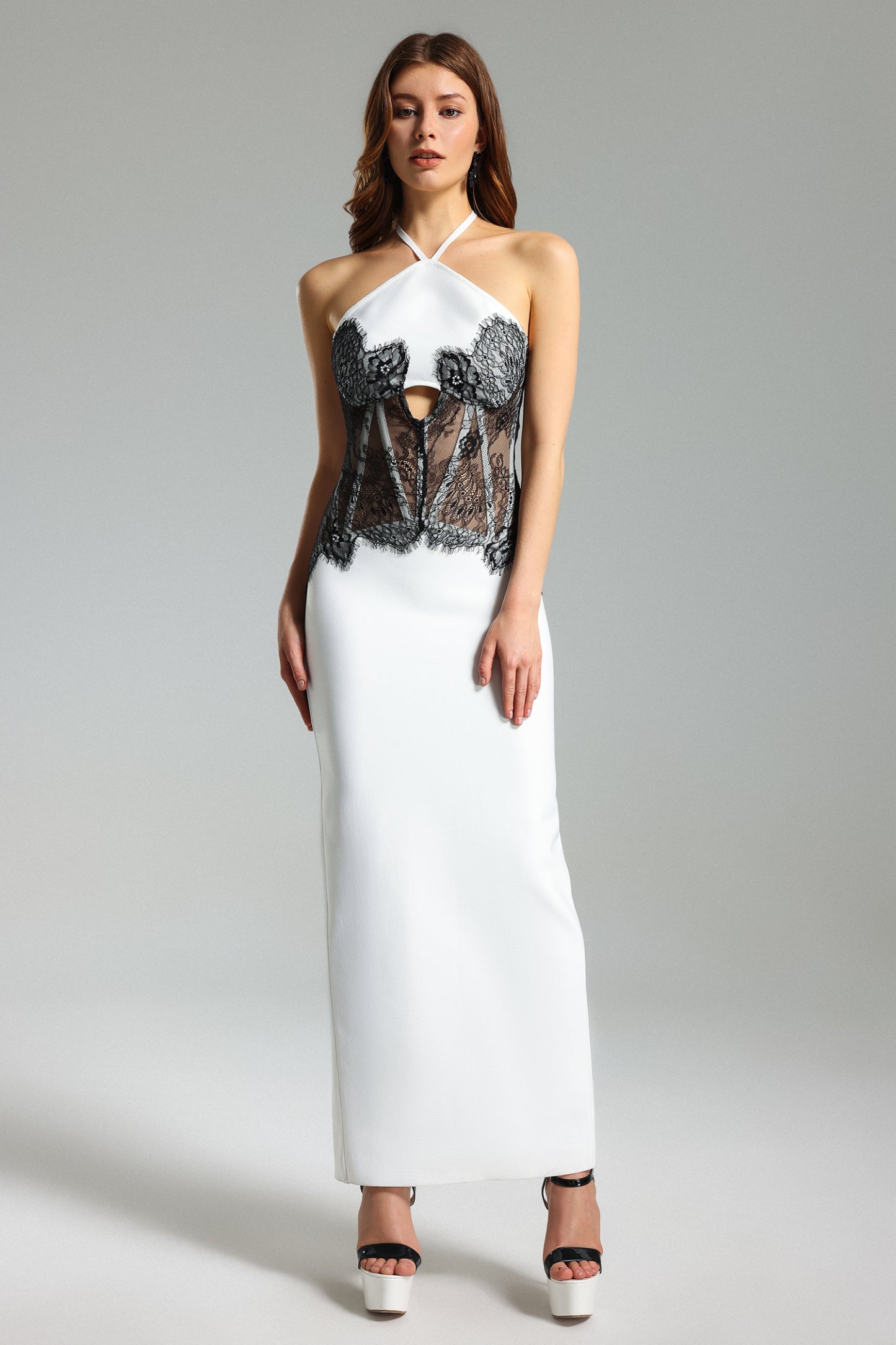 Bağcıklı Dantel Mesh Halter Elbise