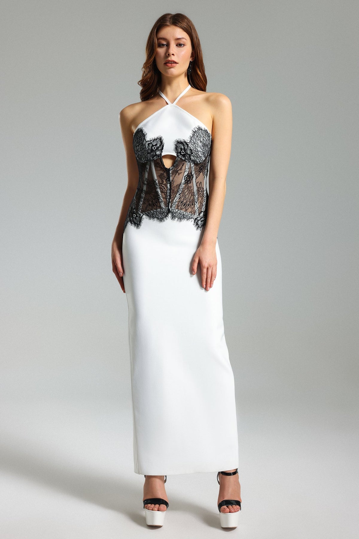 Bağcıklı Dantel Mesh Halter Elbise