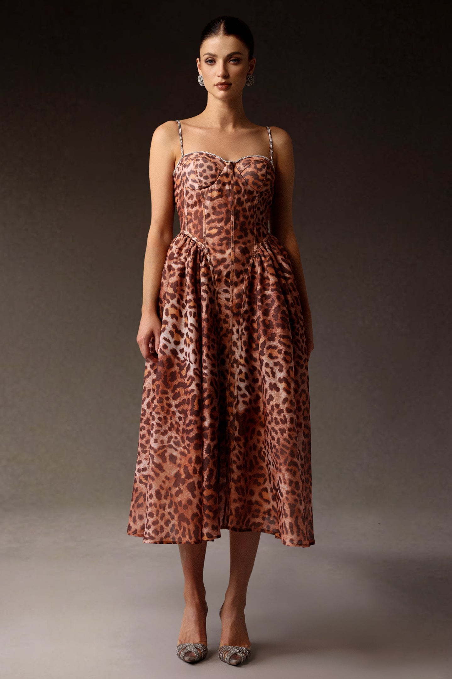 Zaroe Taş Detaylı Leopar Desen Midi Elbise