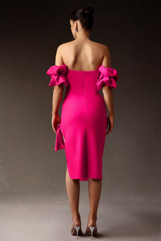 Silila Omuz Dekolteli Yırtmaçlı Bandaj Midi Elbise