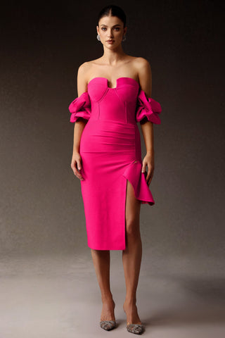 Silila Omuz Dekolteli Yırtmaçlı Bandaj Midi Elbise