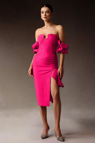 Silila Omuz Dekolteli Yırtmaçlı Bandaj Midi Elbise