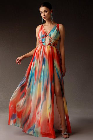 V Yaka Taş Detaylı Kolsuz Uzun Elbise