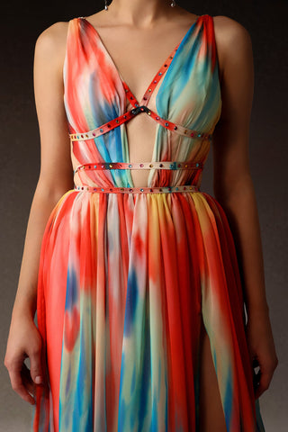 V Yaka Taş Detaylı Kolsuz Uzun Elbise