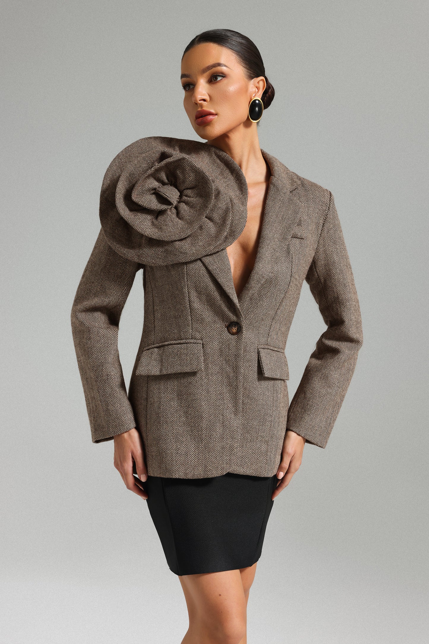 Kahverengi Sada Çiçek Desenli Blazer
