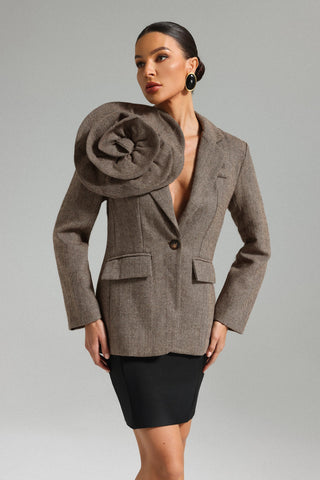 Kahverengi Sada Çiçek Desenli Blazer