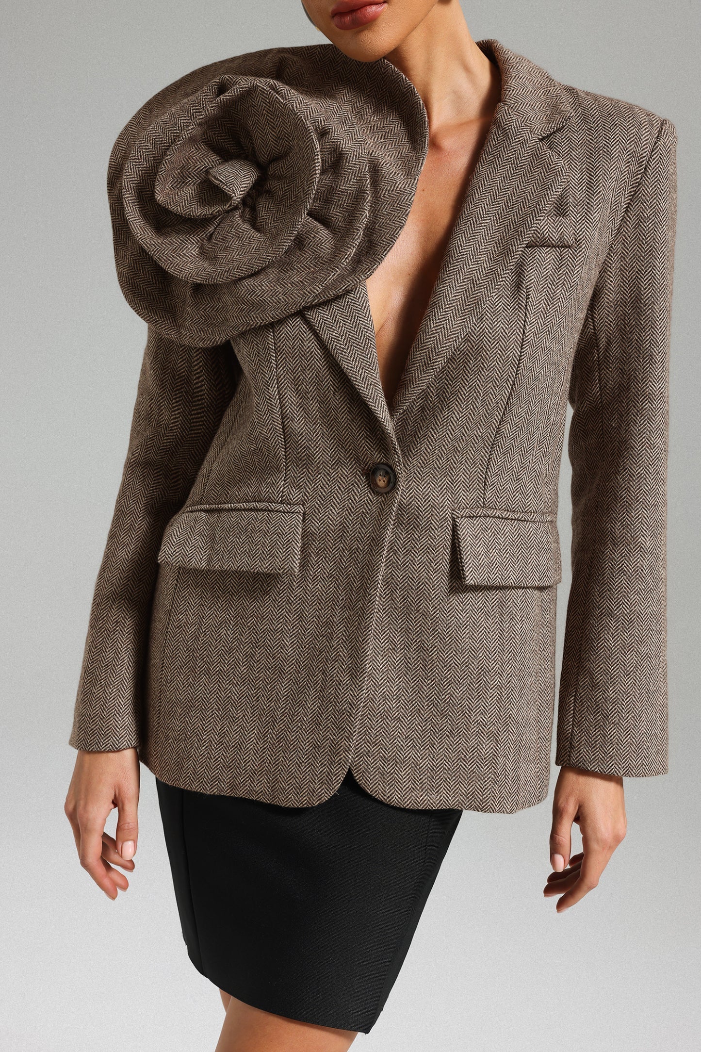 Kahverengi Sada Çiçek Desenli Blazer