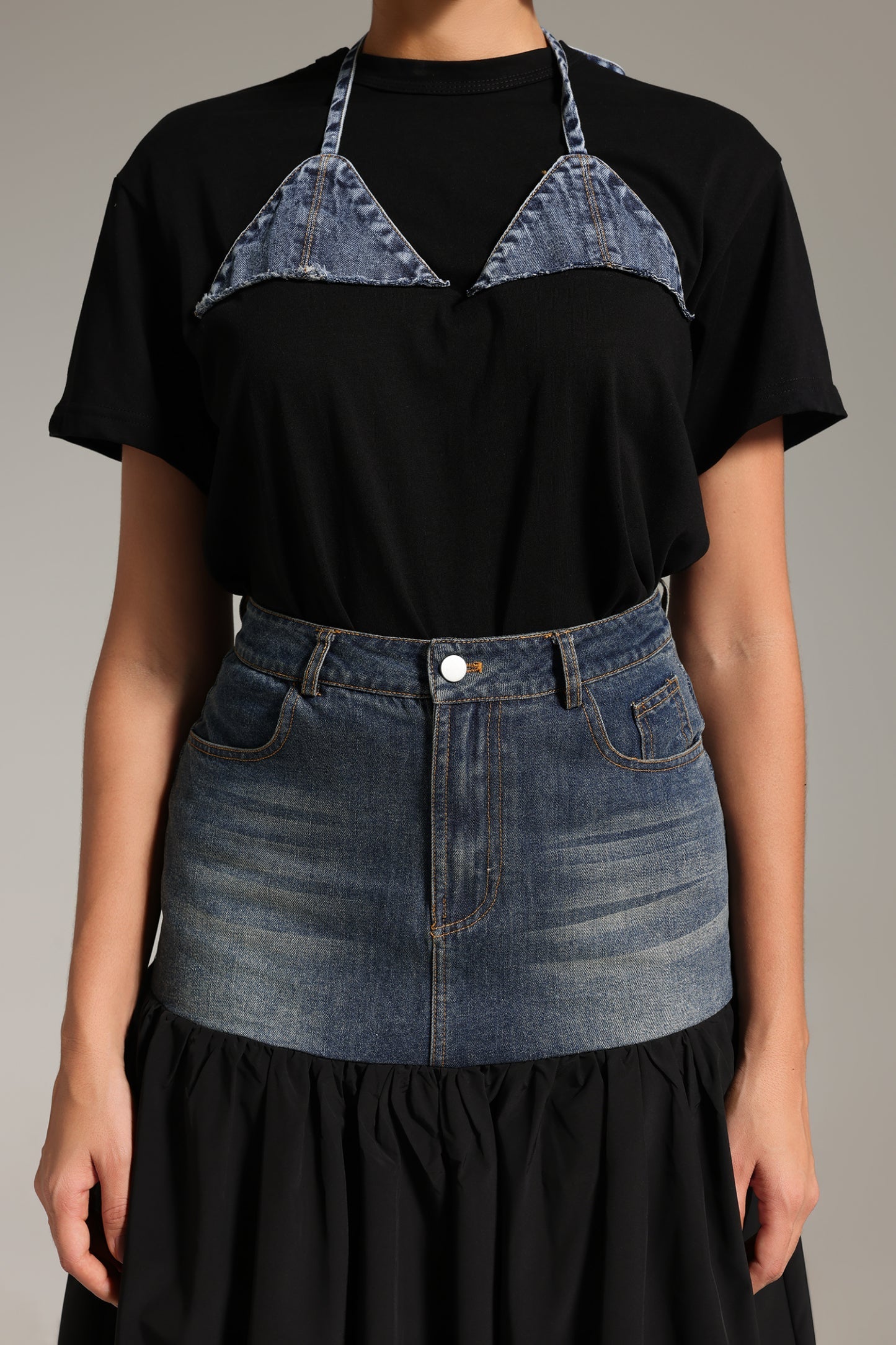 Patchwork Desenli Denim İkili Takım