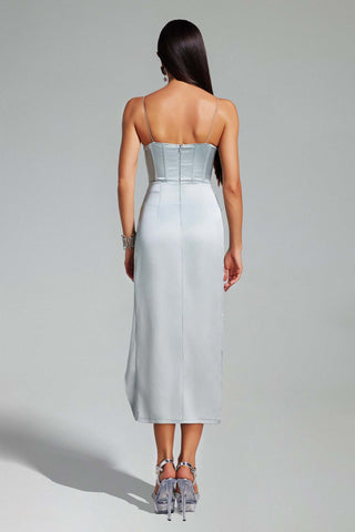 Askısız Parlak Saten Elbise Taş Detaylı