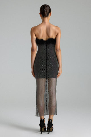 İnci Taşlı Tüy Detaylı Midi Elbise