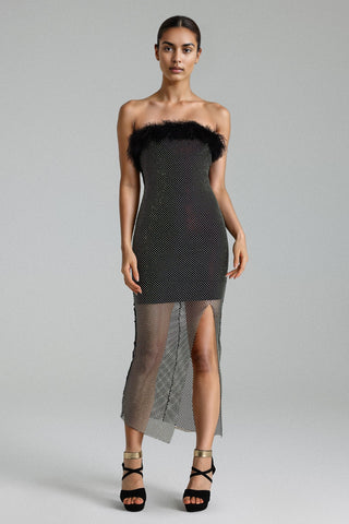 İnci Taşlı Tüy Detaylı Midi Elbise