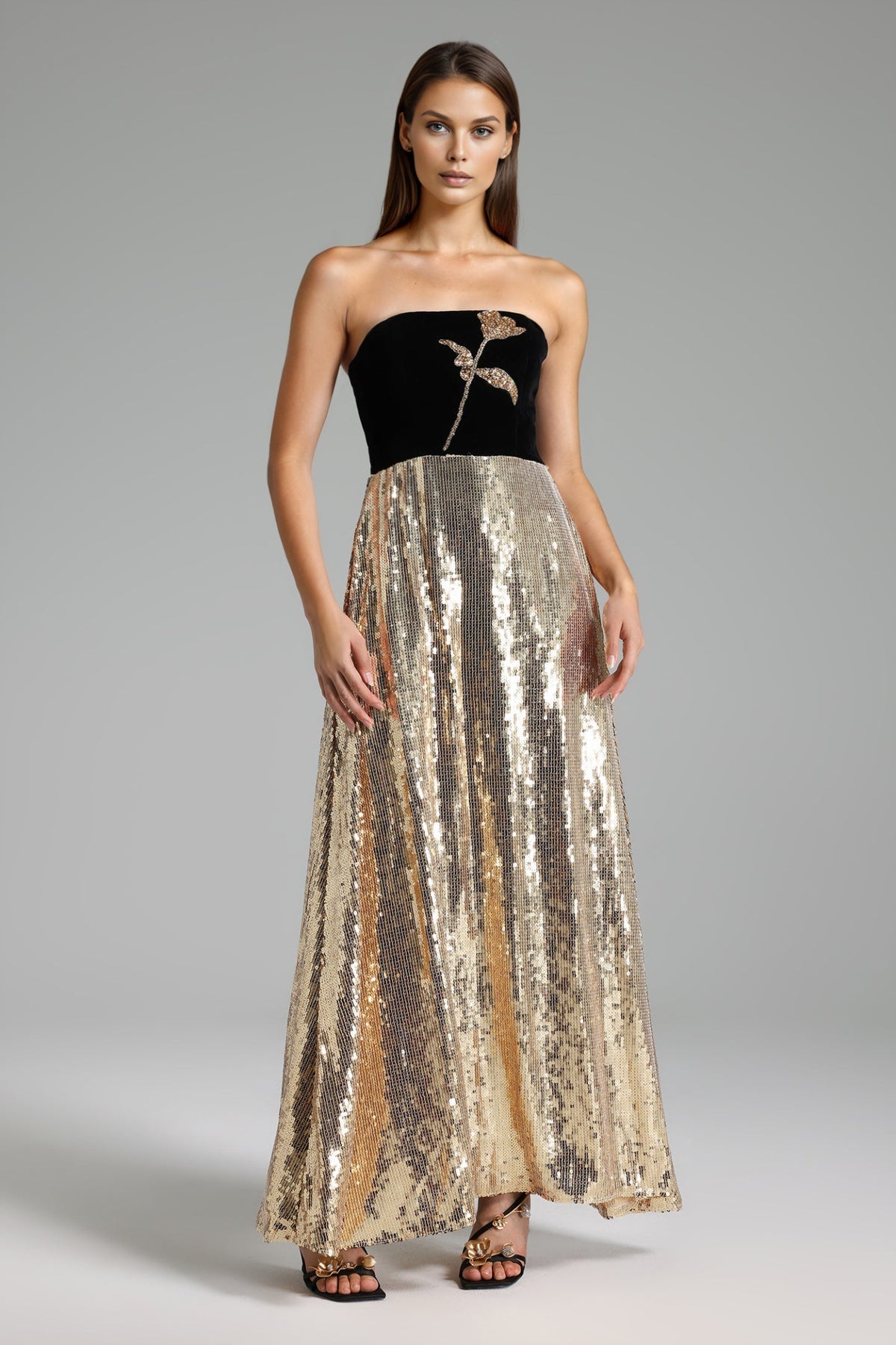 Rosie Payetli Straplez Maxi Elbise