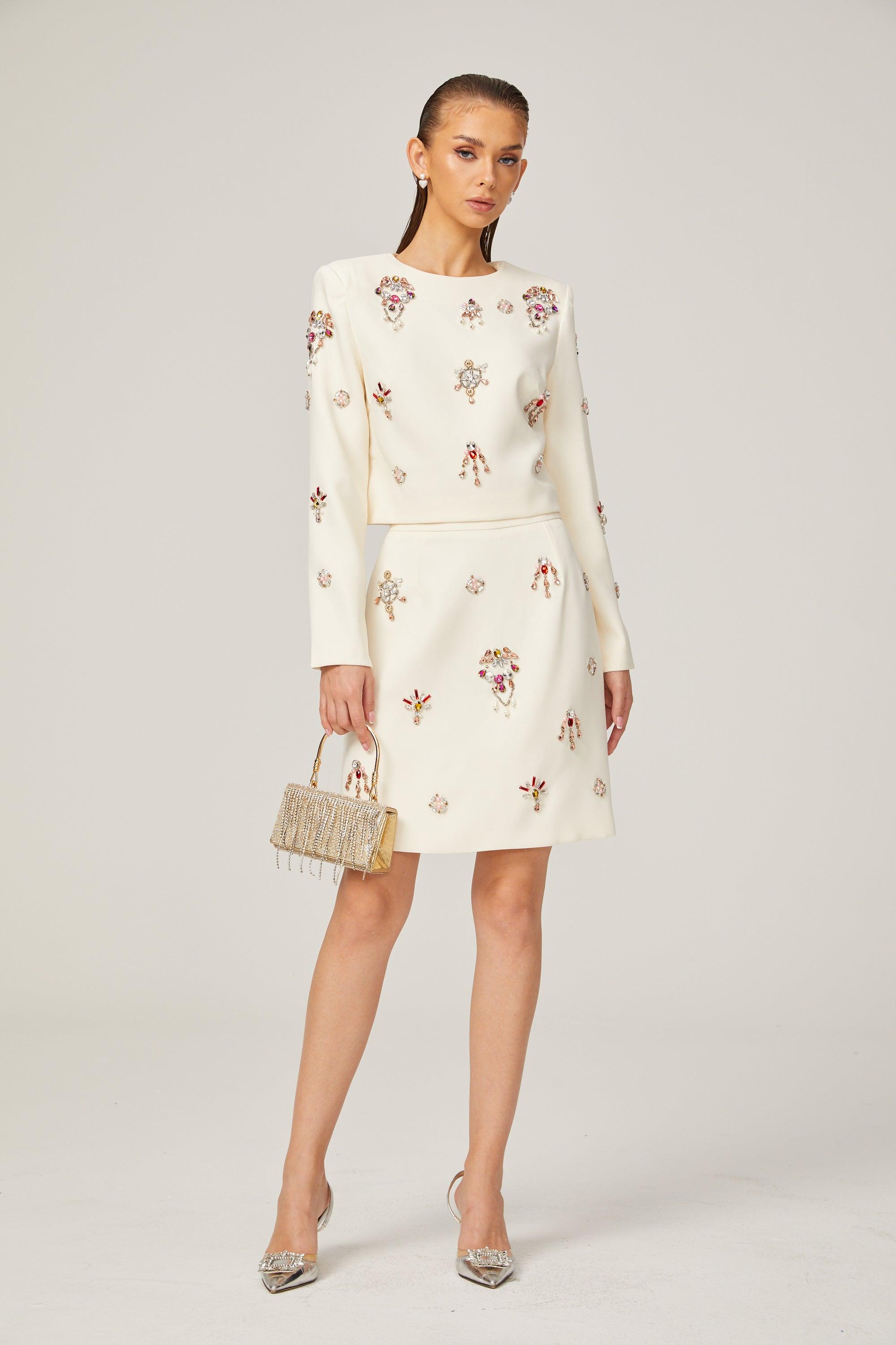 Kraliyet Işıltısı Taş İşlemeli Krem Elbise set