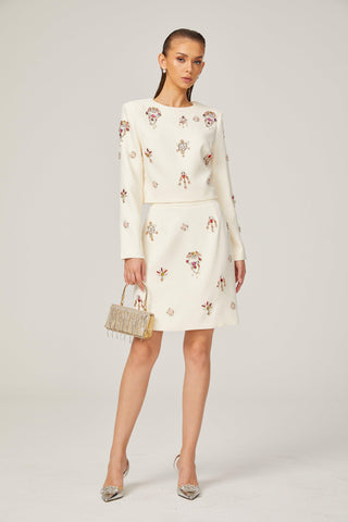 Kraliyet Işıltısı Taş İşlemeli Krem Elbise set