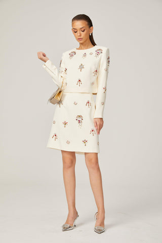 Kraliyet Işıltısı Taş İşlemeli Krem Elbise set