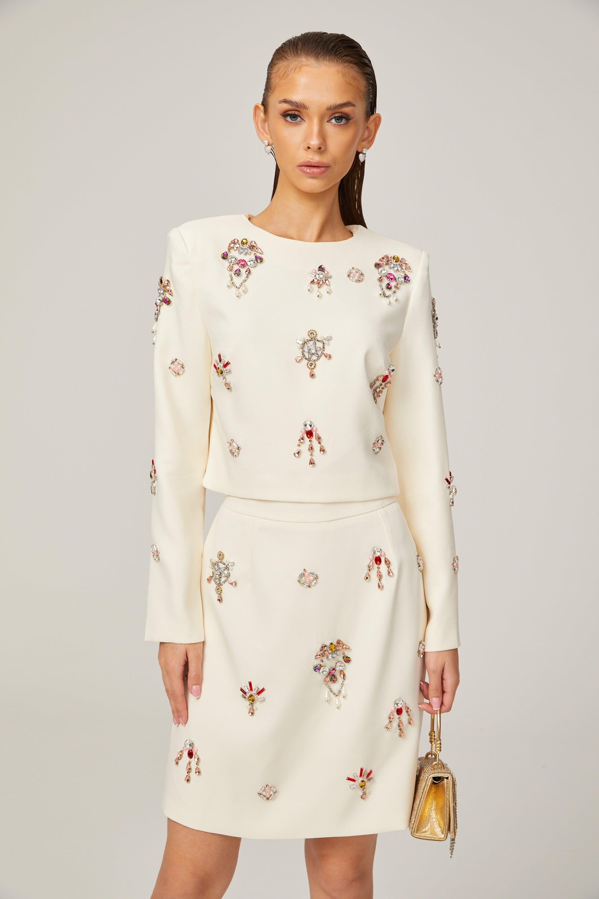 Kraliyet Işıltısı Taş İşlemeli Krem Elbise set