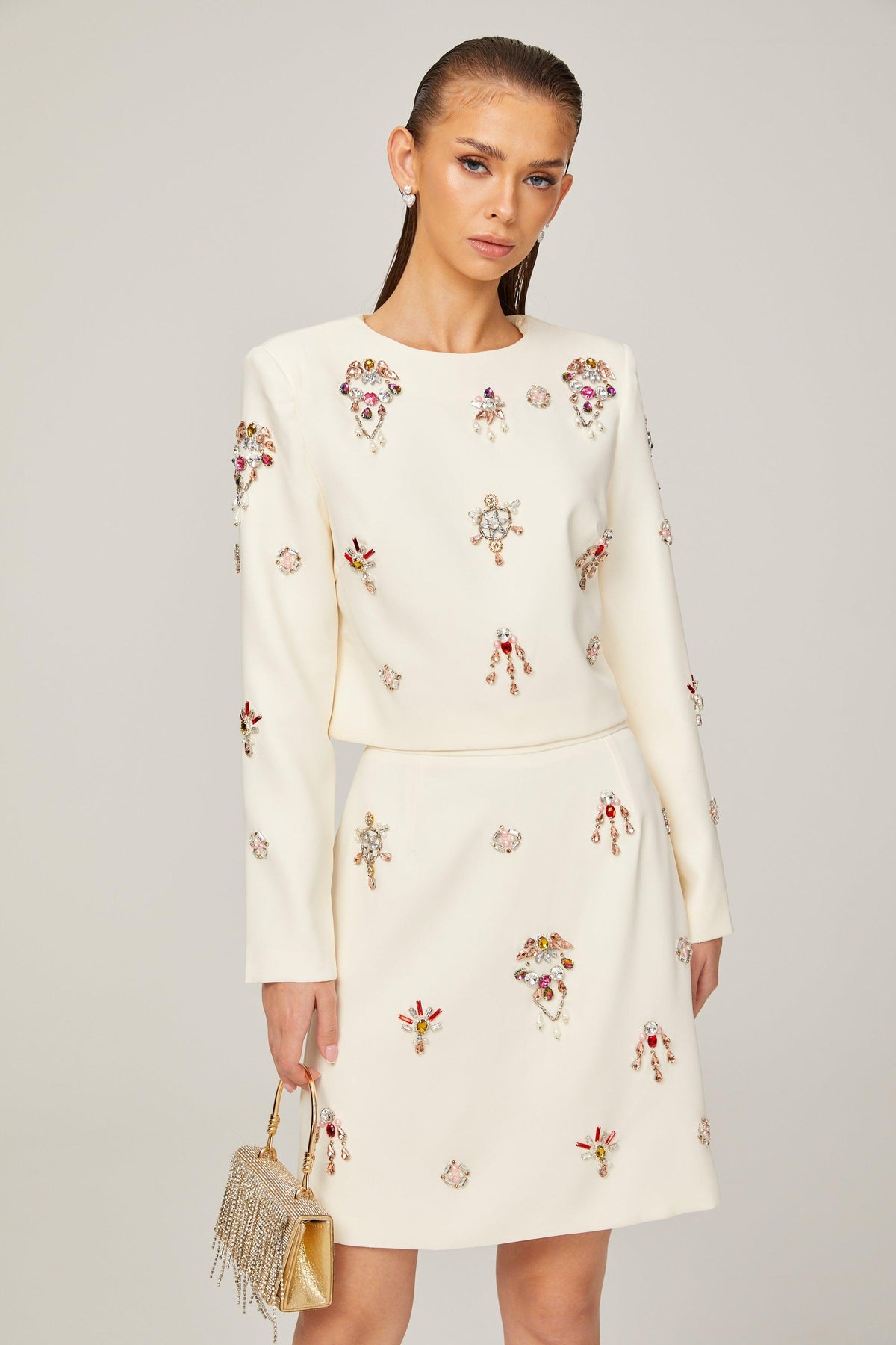Kraliyet Işıltısı Taş İşlemeli Krem Elbise set