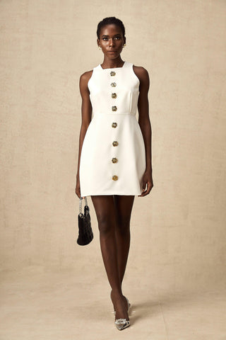 Opulent Bloom Altın Düğme Detaylı Kolsuz Mini Elbise