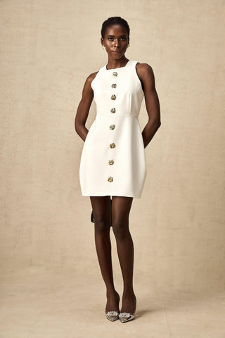 Opulent Bloom Altın Düğme Detaylı Kolsuz Mini Elbise