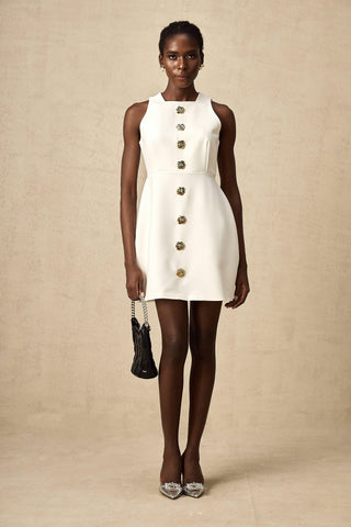 Opulent Bloom Altın Düğme Detaylı Kolsuz Mini Elbise