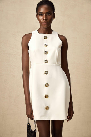 Opulent Bloom Altın Düğme Detaylı Kolsuz Mini Elbise