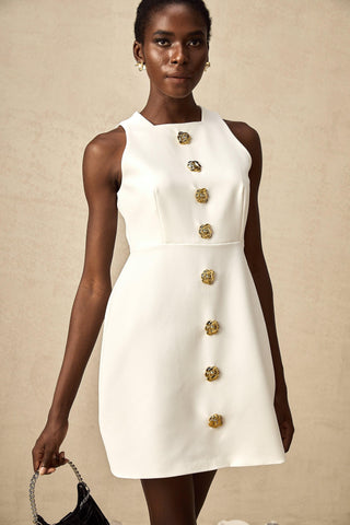 Opulent Bloom Altın Düğme Detaylı Kolsuz Mini Elbise