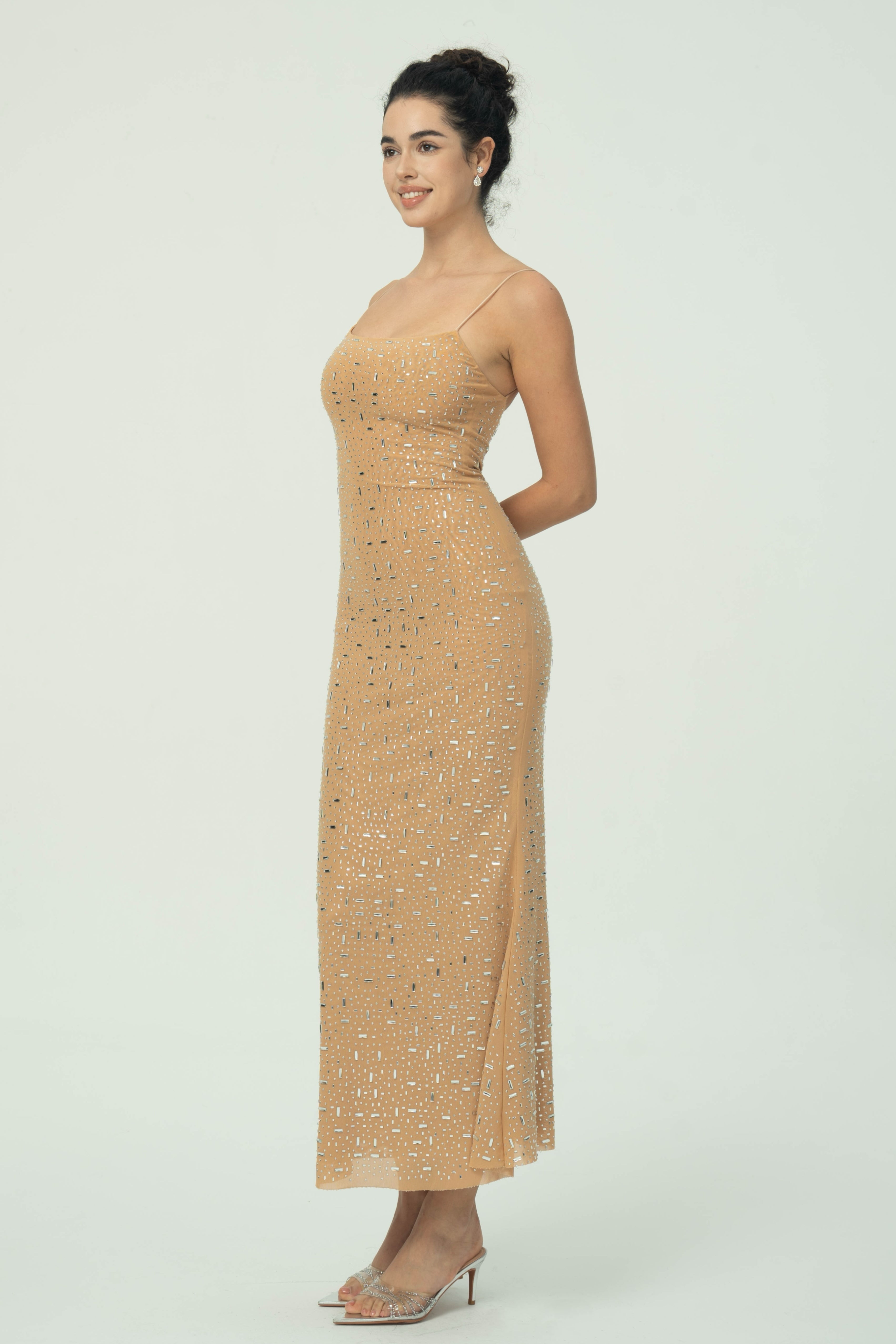 Zarif  Spagetti Askılı Maksi Elbise