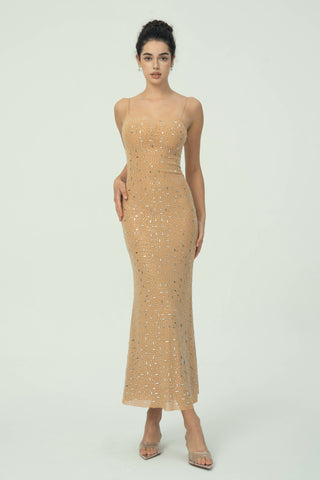 Zarif  Spagetti Askılı Maksi Elbise