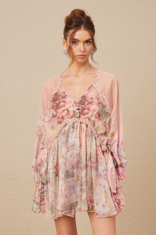 Alicia Çiçek Desenli Pileli İpek Mini Elbise