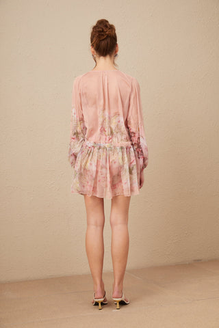 Alicia Çiçek Desenli Pileli İpek Mini Elbise