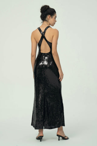 Çiçek Detaylı Göz Alıcı Siyah Pullu Maksi Elbise