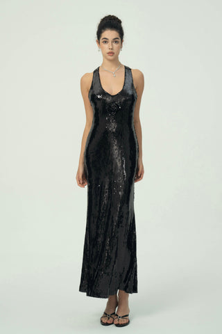 Çiçek Detaylı Göz Alıcı Siyah Pullu Maksi Elbise