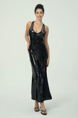 Çiçek Detaylı Göz Alıcı Siyah Pullu Maksi Elbise