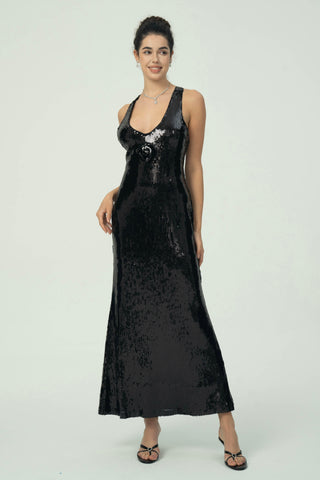 Çiçek Detaylı Göz Alıcı Siyah Pullu Maksi Elbise