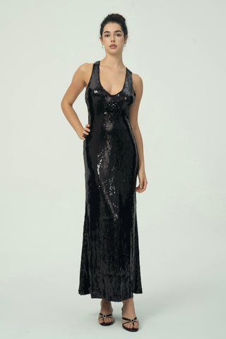 Çiçek Detaylı Göz Alıcı Siyah Pullu Maksi Elbise