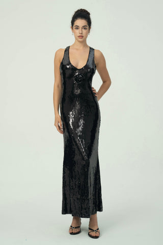 Çiçek Detaylı Göz Alıcı Siyah Pullu Maksi Elbise