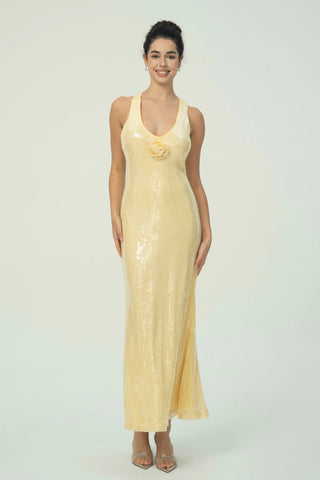 Çiçek Detaylı Göz Alıcı Siyah Pullu Maksi Elbise