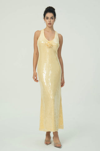 Çiçek Detaylı Göz Alıcı Siyah Pullu Maksi Elbise