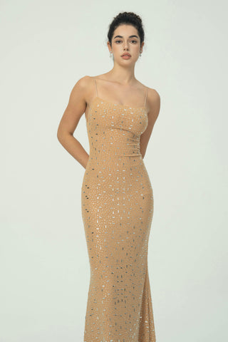 Zarif  Spagetti Askılı Maksi Elbise