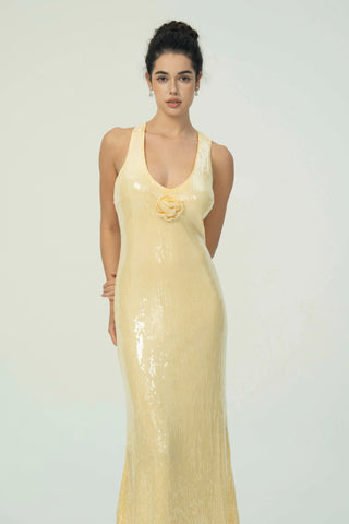 Çiçek Detaylı Göz Alıcı Siyah Pullu Maksi Elbise