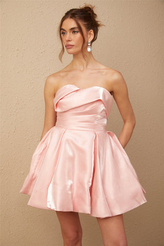 Alice Pembe Omuz Açık Kabarık Saten Mini Elbise