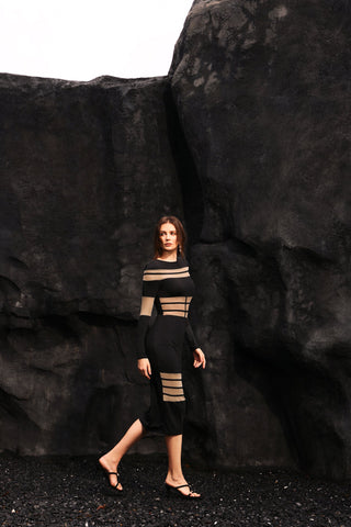 Uzun Kollu Ağ Detaylı Bandaj Midi Elbise